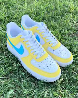 Nike Air Force 1 Custom Pale Yellow & Blue White Shoes Mens Womens Mens Womens