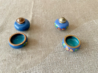 Vintage Cloisonne Salt & Pepper Shaker vessel bowl cellar Blue Enamel Brass mini