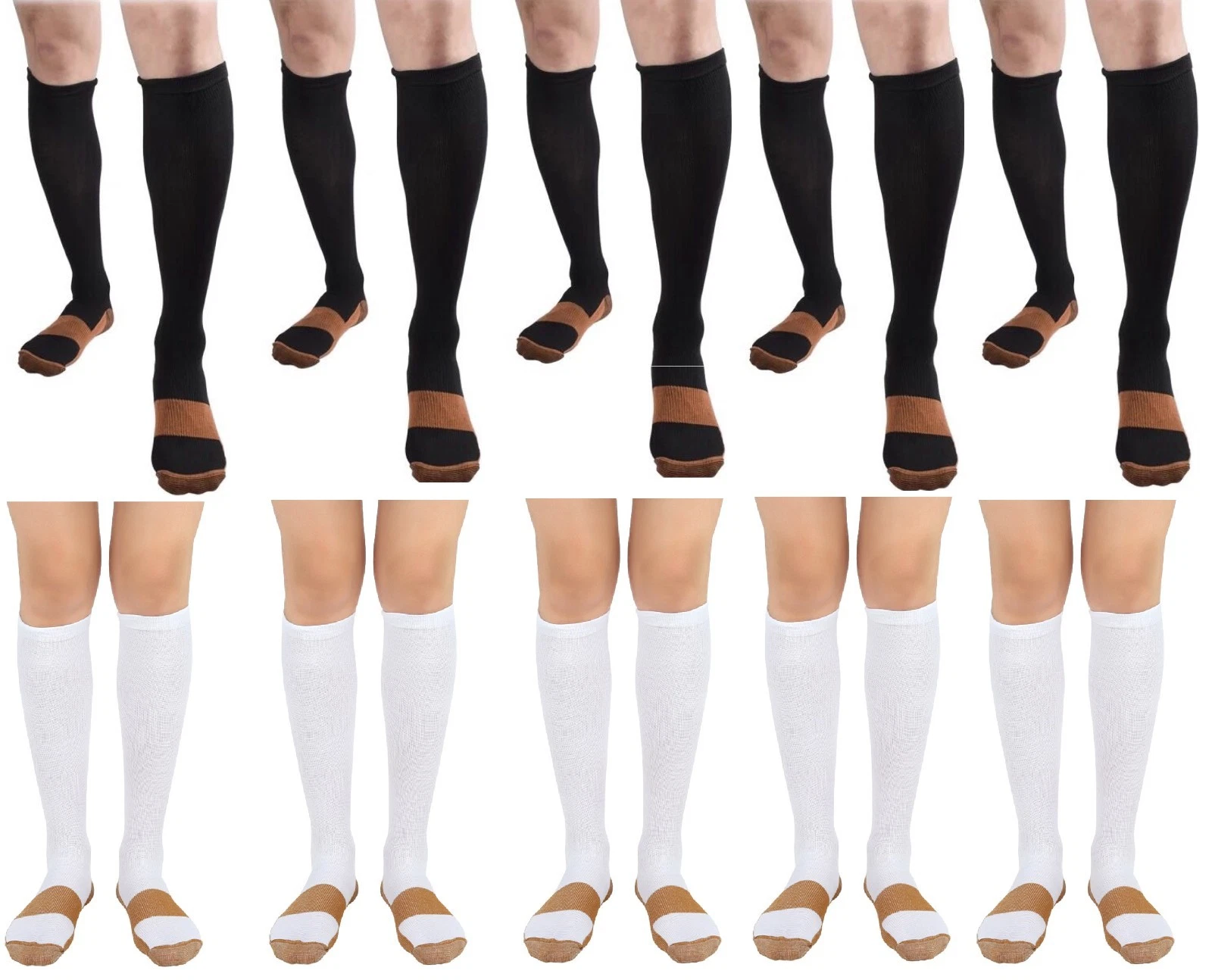 BL/WH 10 Pair Copper Compression Support Socks 20-30mmHg Graduated Men's Women's
