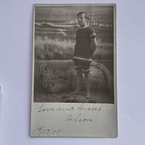 Antique RPPC Real Photograph Postcard Man Bathing Suit Signed Love & Kisses - Picture 3 of 17