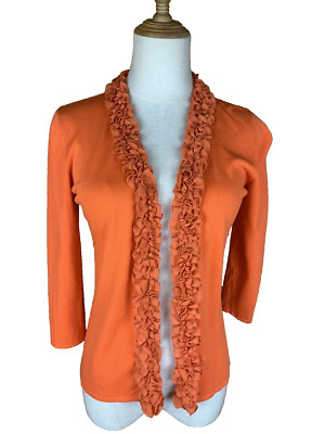 Marco Polo Bright Orange Cardigan 3/4 Sleeves Ruffle Trim around Neck Size S