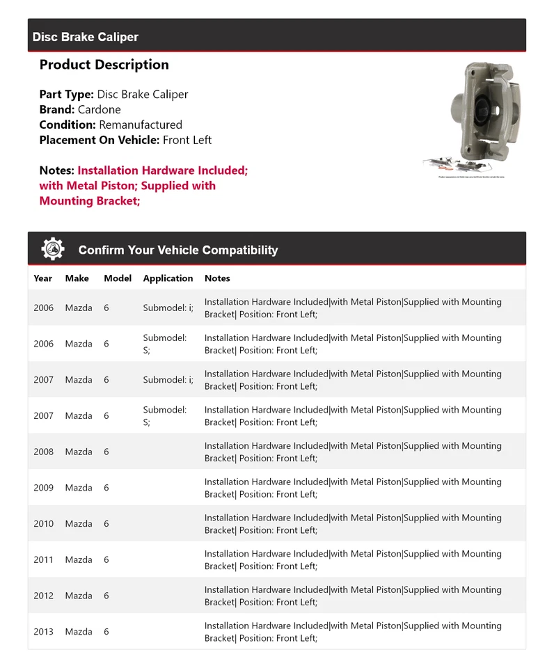 Pinza de freno de disco delantera izquierda Cardone 2007 2008 2009 2010 para Mazda 6 2006-2013 Foto 2 de 4