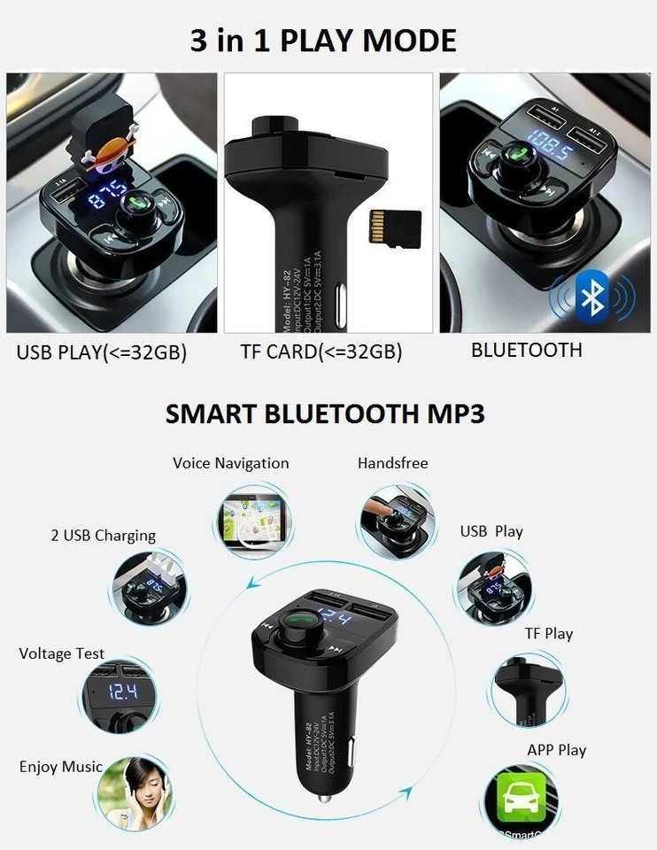 Kit Cargador USB Reproductor MP3 LCD Transmisor FM Inalámbrico Bluetooth Manos Libres Coche Foto 3 de 4