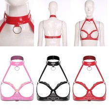 UK Women's Glossy PU Bra Top Cupless Halter Floral Lace Hollow Bra Cage Lingerie