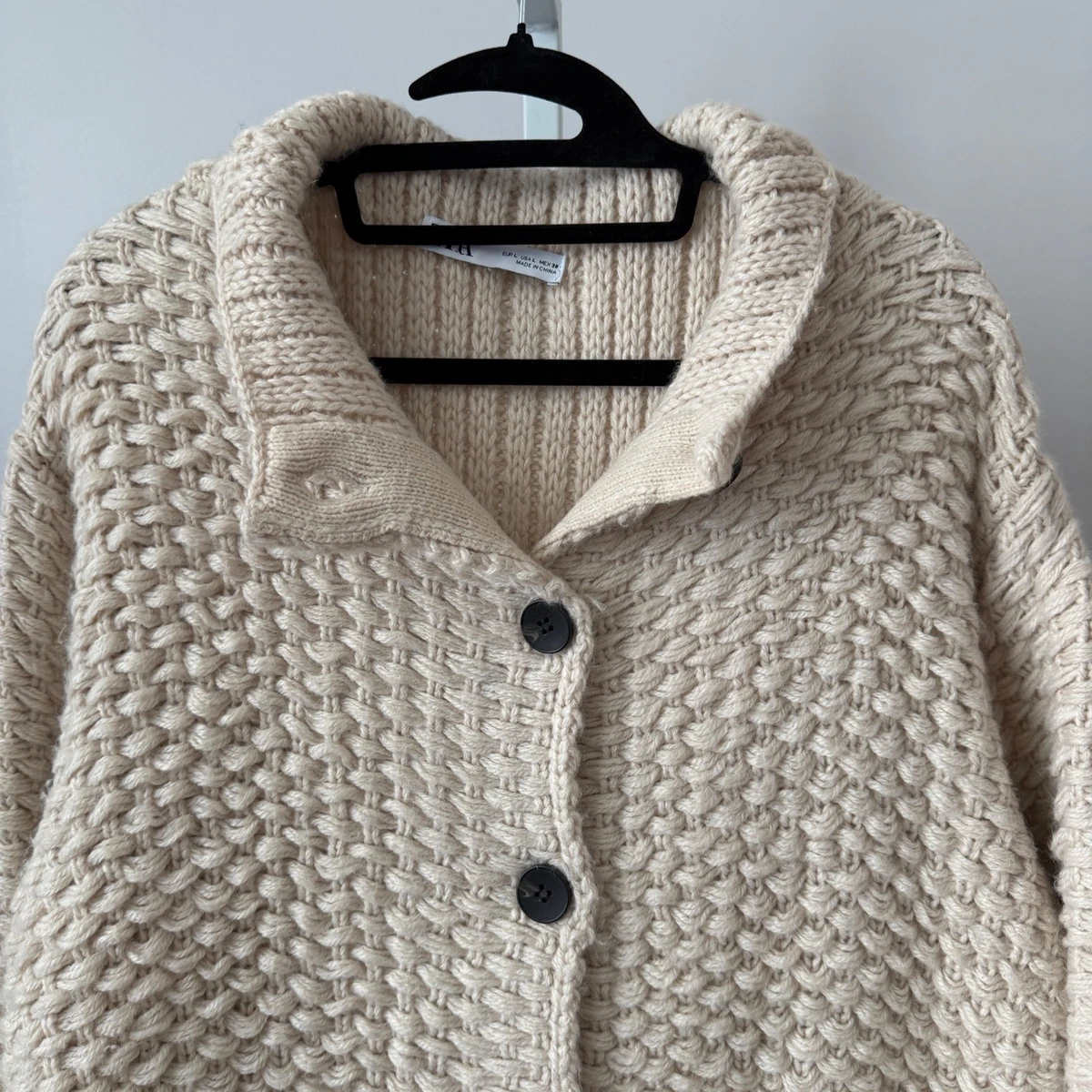Zara sz L Cream Chunky Knit Alpaca Wool Button Cardigan Boho Cottage Lagenlook