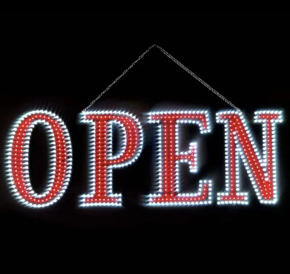 Letrero abierto LED grande súper brillante 30 X10 para negocios con instalación colgante Foto 2 de 4