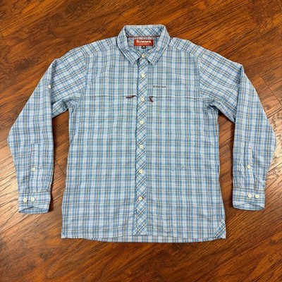 Simms Shirt Mens M Blue Plaid Fishing Lightweight Performance Long Sleeve