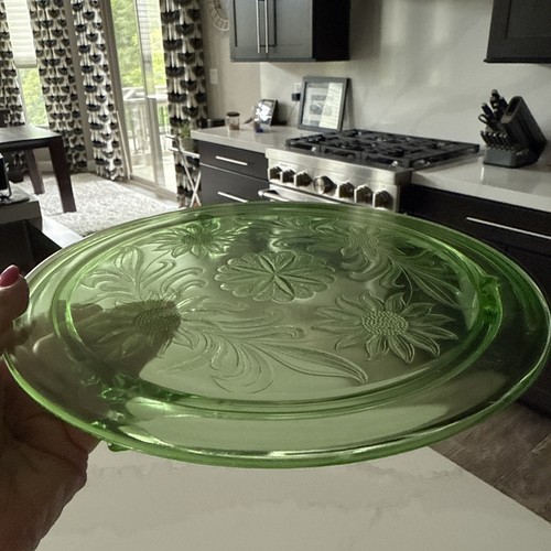 Piatto torta girasole vintage Jeanette depressione verde piedi vetro 10" - Foto 4 di 5