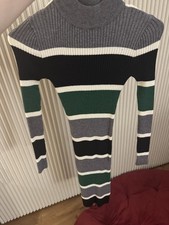 Used Forever21 Ribbed Wool Blend Midi Dress Fitted Navy Blue White Green gray S