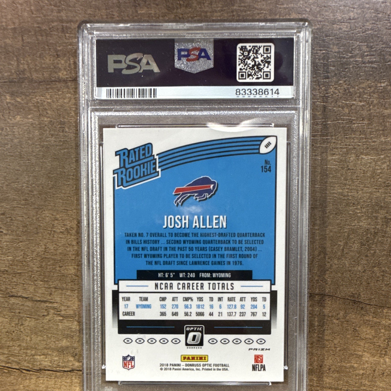 Panini 2018 Donruss Optic Josh Allen #154 Rated Rookie Pink Prizm PSA 10 view 2