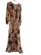 Baltic Born Lydia Maxi Dress Camel Floral Long Sleeve Chiffon New Women's Large