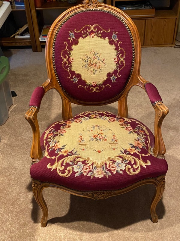 Antique French Louis XIV Carved Needlepoint /Petit Point Upholstered Chair