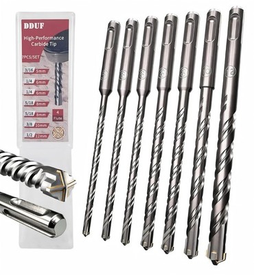 7pcs 6.3in SDS Plus Masonry Drill Bit Set, Tungsten Steel, 4-Cutter Cross Tip