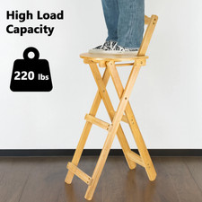 Wooden Folding Bar Stool Bamboo-Kitchen Counter Height Stools with Backrest UK