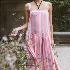 Free People 100% Cotton Pink Blue Pleat Striped Midi Dress NWT Size Extra Small