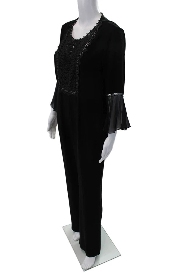 Mono negro Elie Tahari para mujer con cordones geométricos cuello redondo talla 10 Foto 2 de 4