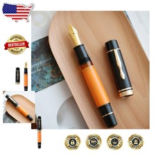 Majohn NO.8 Brass Piston Fountain Pen - Fine Nib, Large Capacity, Black/Orange