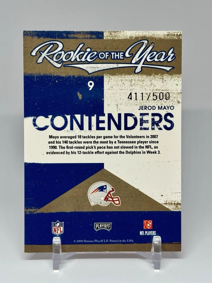 2008 Playoff Contenders Rookie of the Year Contenders /500 Jerod Mayo #9 RC - Image 2 of 2