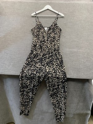 Peyton Jensen Jumpsuit Womens Medium Black Beige Animal Print Spaghetti Straps