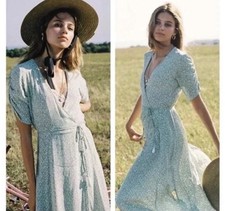 Faithfull The Brand Chiara Green Floral Wrap Midi Dress size 4 small