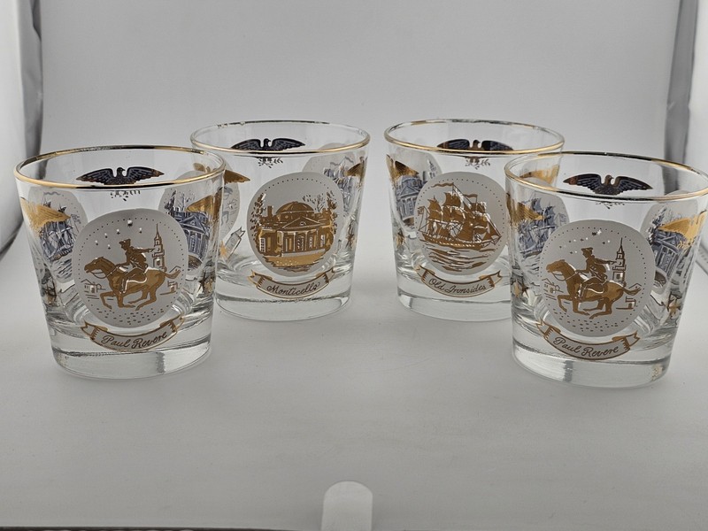 Set of 4 Vintage Patriotic Rocks Glasses Gold Rim Paul Revere Monticello