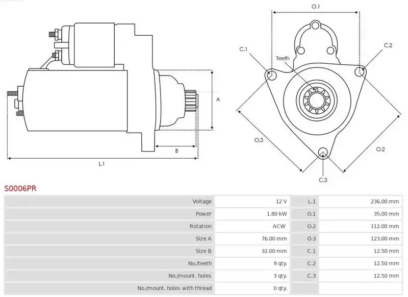 Starter motor Anticlockwise rotation S0006PR AS-PL for VW SEAT FORD AUDI SKODA