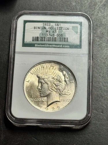 1922 Peace Dollar Binion Silver Hoard Collection Graded NGC MS63 BU Coin (3453)