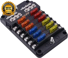 Boat Marine Fuse Block Panel with LED Warning Indicator Damp-Proof Cover - 12 Ci
