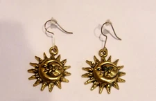 Sun Face & Crescent Moon, Plated Gold Tone Metal Drop Dangle Pierced Earrings
