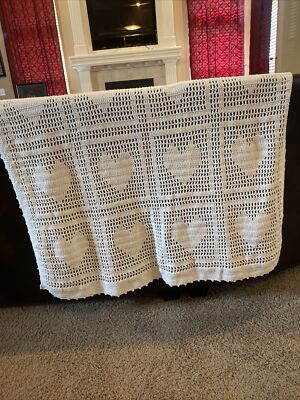 Handmade Openwork Hearts Crocheted Blanket/Throw W/Metallic Yarn 