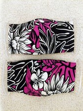 2 Face Masks Hawaiian Fuschia Plumeria Flower Leaves Washable Reusable w/Pocket