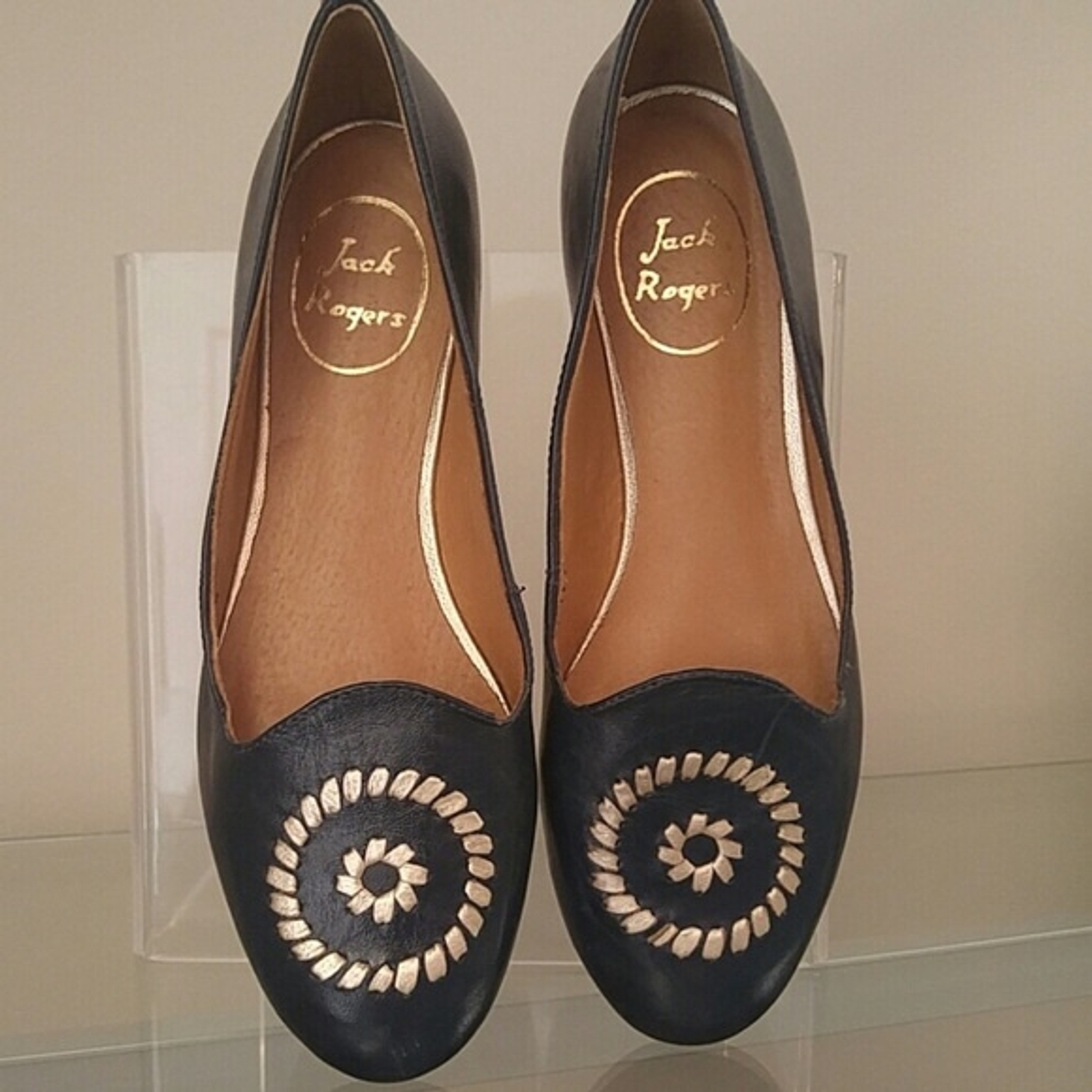 Jack Rogers Rebecca Flats 7.5 Navy Gold Classic Preppy Leather Slip On