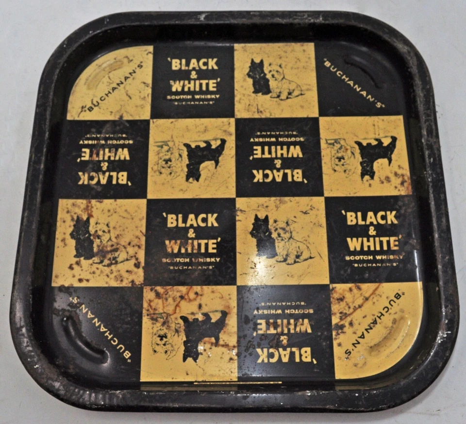 Bandeja de barra de hojalata impresa con letrero de anuncio vintage whisky blanco y negro original buen tema Foto 2 de 3