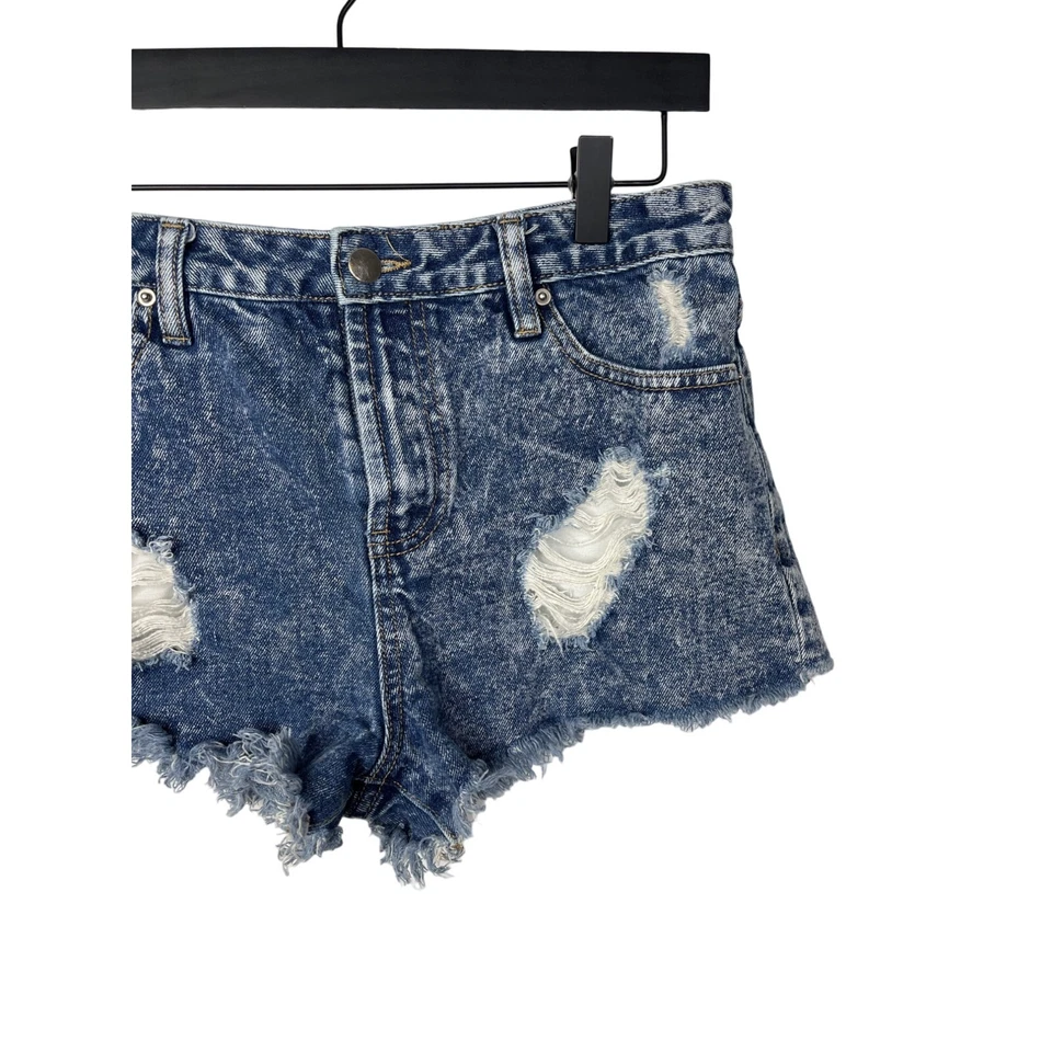 Pantalones Cortos Forever 21 Mujer Azul Jean Denim Rasgado Talla 28 Dobladillo Crudo Tiro Alto Corte Foto 3 de 4