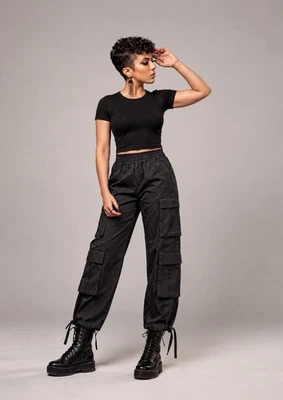 Pantalones cargo Forever 21 para mujer grandes negros pierna ancha dobladillo cintura elástica Y2K - Imagen 1 de 4