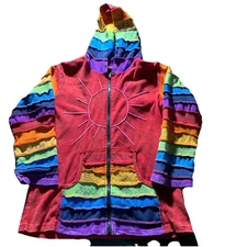 Greater Good Hoodie Jacket Womens LG XL Red Rainbow Sun Boho Full Zip Pockets