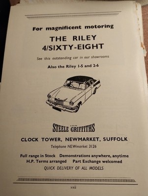 Sk254  Ephemera 1950s Advert Riley 4 Sixty Eight Steele Griffiths Newmarket 