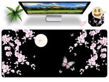 Japanese Sakura Cherry Blossom Pink Black Mouse Pad Large with Coaster, 35.4"...