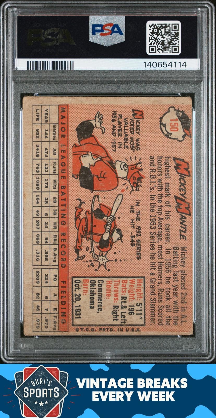 1958 Topps #150 Mickey Mantle PSA 1 view 2