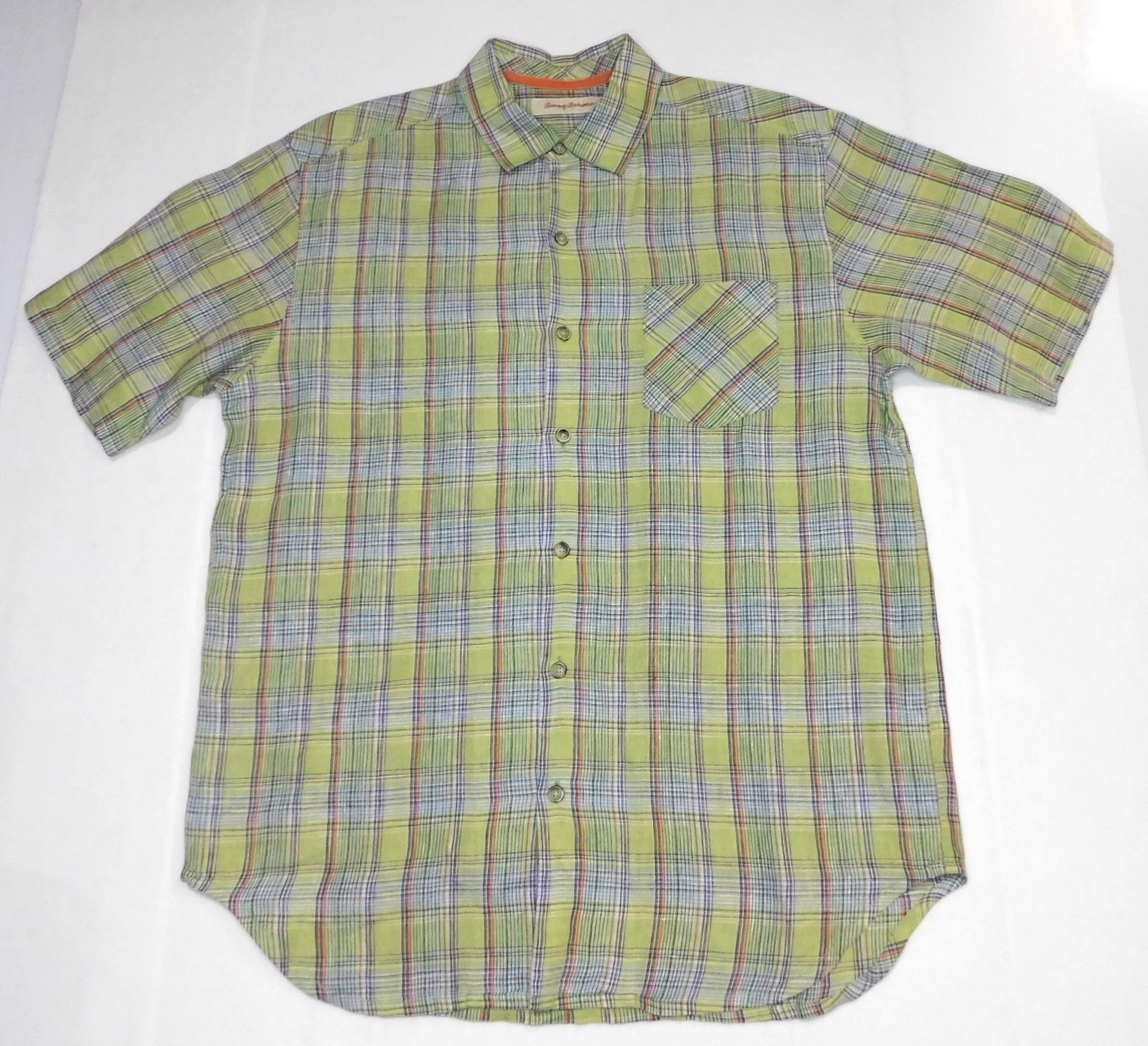 Tommy Bahama Men’s L Green Plaid 100% Linen Short Sleeve Button Up