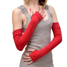 Womens Red Long Cotton Fingerless Arm Warmers Gloves Winter Warm Indoor Driving 