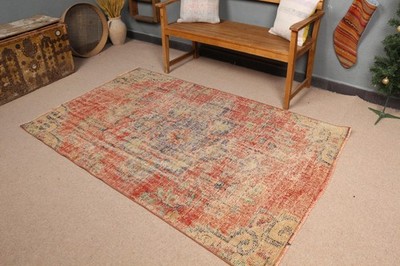 Vintage 4,1x6,7 ft Rug, Area Turkish Rug, Red Blue Oriental Rug