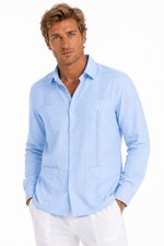 Bohio Men Soft 100 Linen Guayabera Shirt- Lt. Blue Traditional 4 Pocket -MLS401