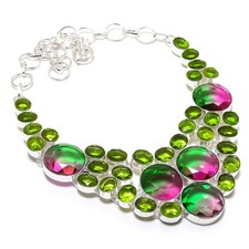 Bi-Color Tourmaline, Peridot Gemstone Handmade Jewelry Necklace 18"