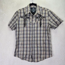 ROAR Mens Short Sleeve Plaid Shirt Embroidered Cross Button Up Shirt Medium