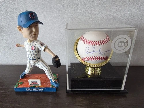 Greg Maddux Autographed MLB Baseball w/ Cubs Display Case & Bobblehead