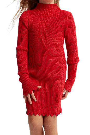 Vestido de Punto Salma Rojo Confort y Estilo con Cuello Alto y Mangas Fruncidas