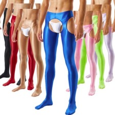 Men's Ice Silk Shiny Pantyhose Stockings Hollow Out Tight Footed Pants Nightwear