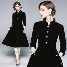 Women Stand Collar Velvet Long Sleeve Dress A-Line Medium Long Coat Jacket Parka