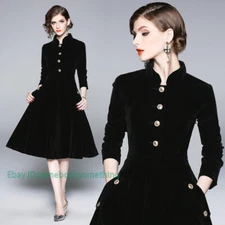 Women Stand Collar Velvet Long Sleeve Dress A-Line Medium Long Coat Jacket Parka